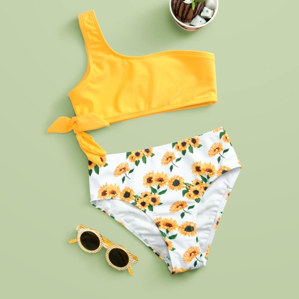 

Girls Sunflower Print One Shoulder Bikini Swimsuit, Yellow