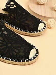 Crochet Lace Espadrille Flat Mules - Black - View 5