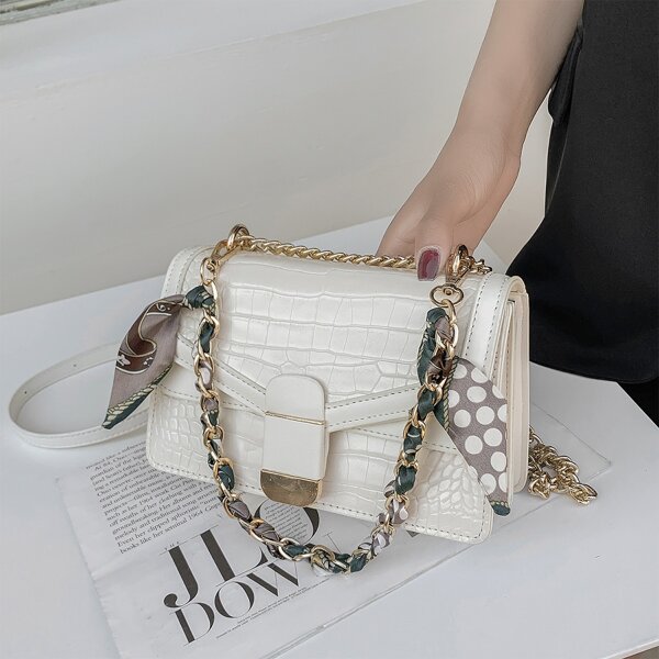 

Croc Embossed Chain Shoulder Bag, White