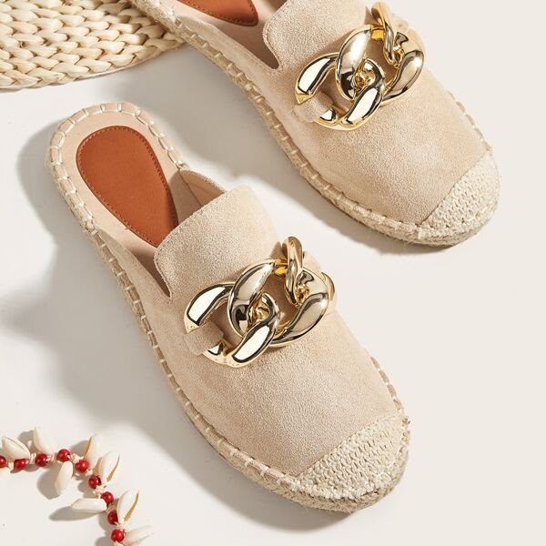 

Chain Decor Espadrille Flat Mules, Apricot