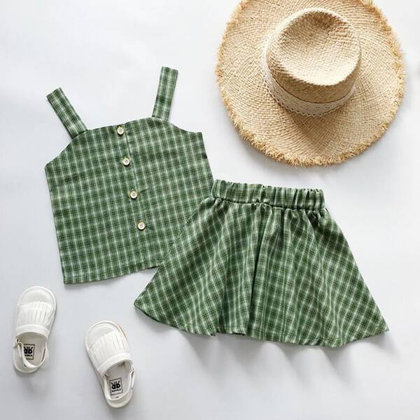 

Toddler Girls Plaid Button Front Cami Top With Flared Skirt, Green