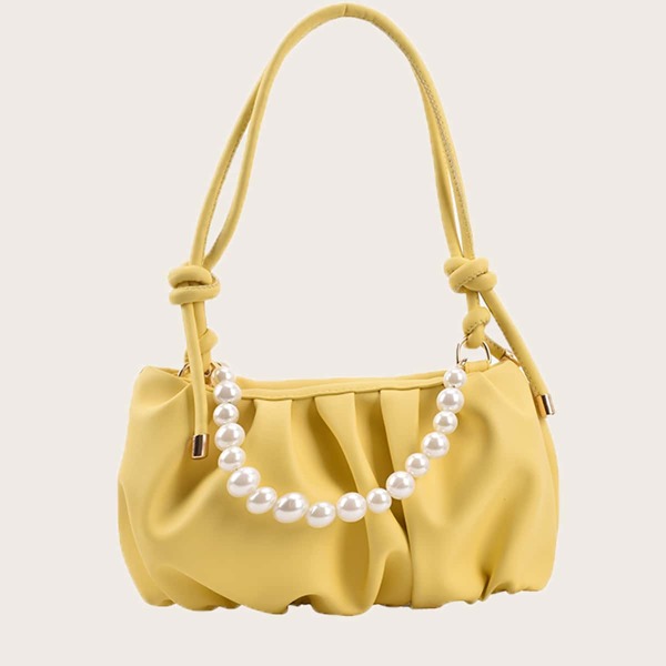 

Faux Pearl Handle Ruched Bag, Yellow
