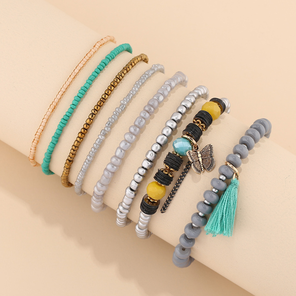 

8pcs Tassel Charm Beaded Bracelet, Multicolor