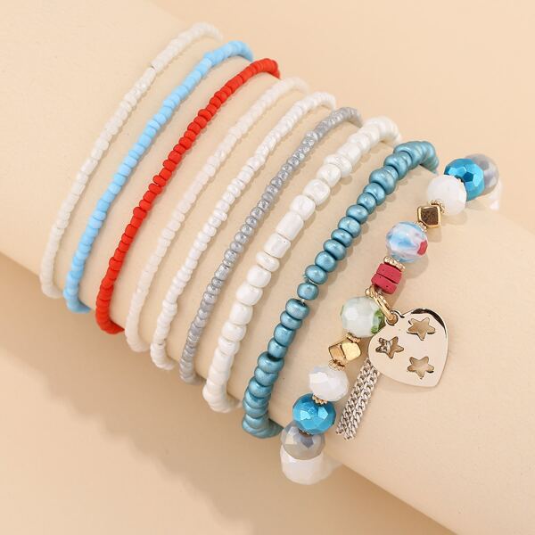 

9pcs Heart Charm Beaded Bracelet, Multicolor