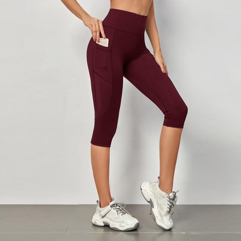 

Solid Capri Sports Leggings With Phone Pocket, Burgundy