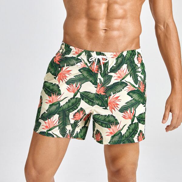 

Men Random Tropical Print Swim Trunks, Multicolor