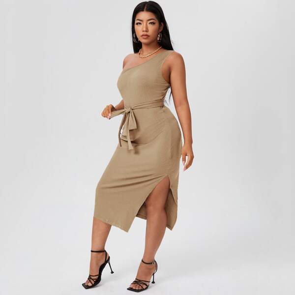 

Plus One Shoulder Belted Split Side Dress, Khaki