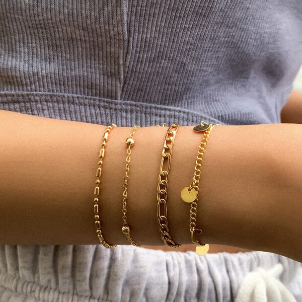 

4pcs Round Charm Chain Bracelet, Gold