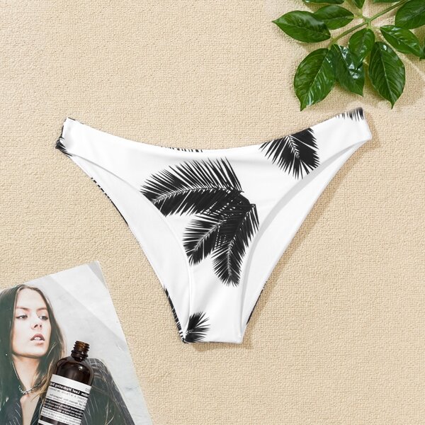 

Palm Leaf Random Print Bikini Panty, Black and white