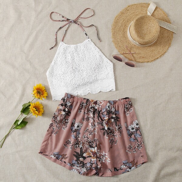 

Plus Tie Backless Lace Halter Top & Floral Shorts, Multicolor