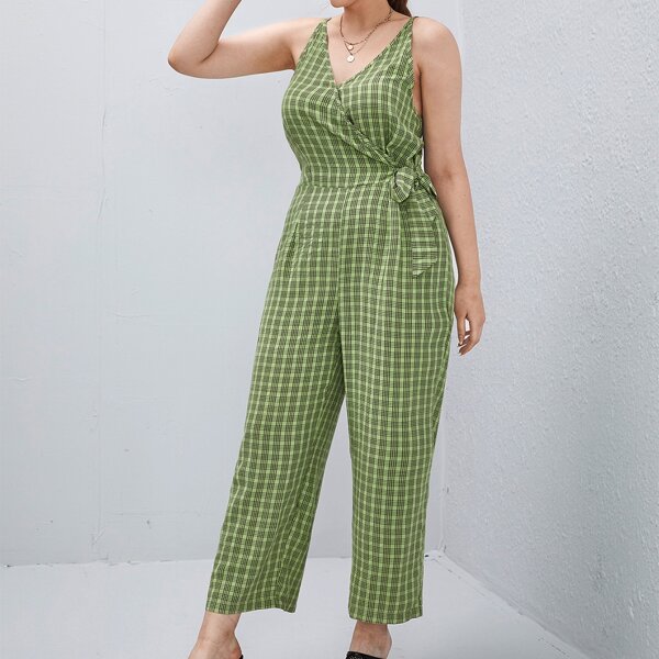 

Plus Knot Side Plaid Jumpsuit, Green