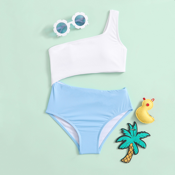 

Toddler Girls Two Tone Rib One Shoulder One Piece Swimsuit, Multicolor