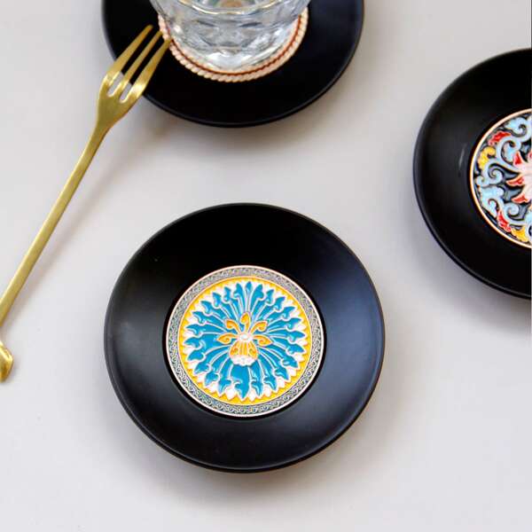 

1pc Vintage Pattern Round Coaster, Black