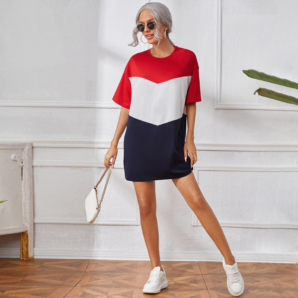 

Drop Shoulder Colorblock Chevron Tee Dress, Multicolor