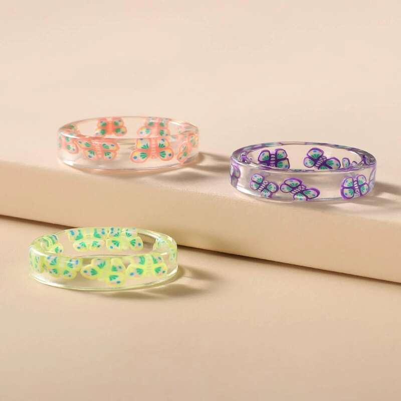 

3pcs Butterfly Pattern Clear Ring, Multicolor