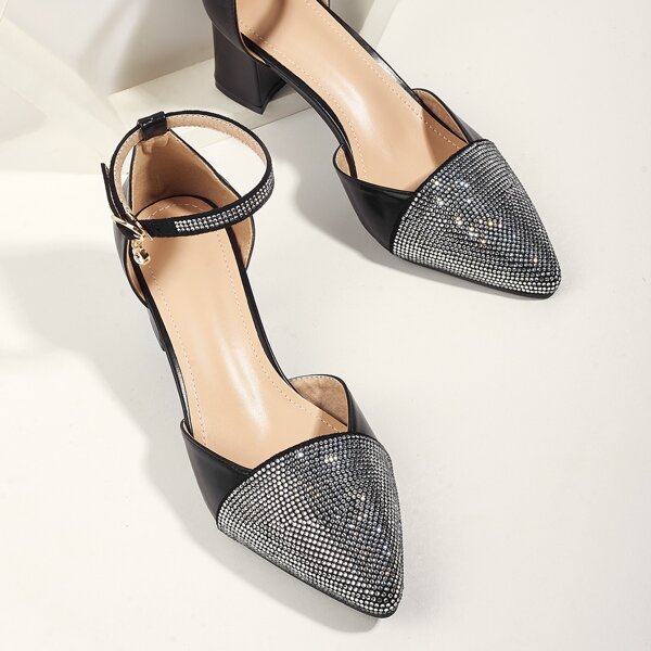 

Rhinestone Decor Ankle Strap Pumps, Black