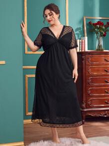 Vestido De Noche Con Espalda En V Y Malla Dobby En Contraste - Negro - Ver 1