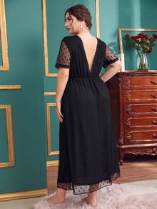 Vestido De Noche Con Espalda En V Y Malla Dobby En Contraste - Negro - Ver 2