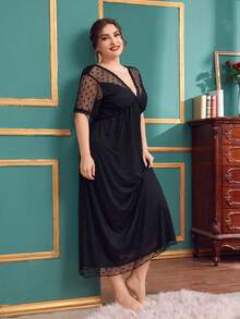 Vestido De Noche Con Espalda En V Y Malla Dobby En Contraste - Negro - Ver 4