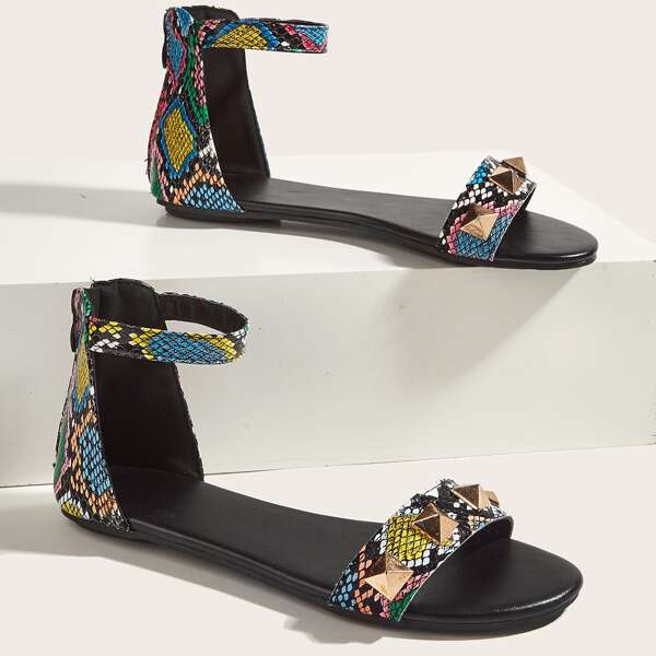 

Studded Decor Snakeskin Print Ankle Strap Sandals, Multicolor
