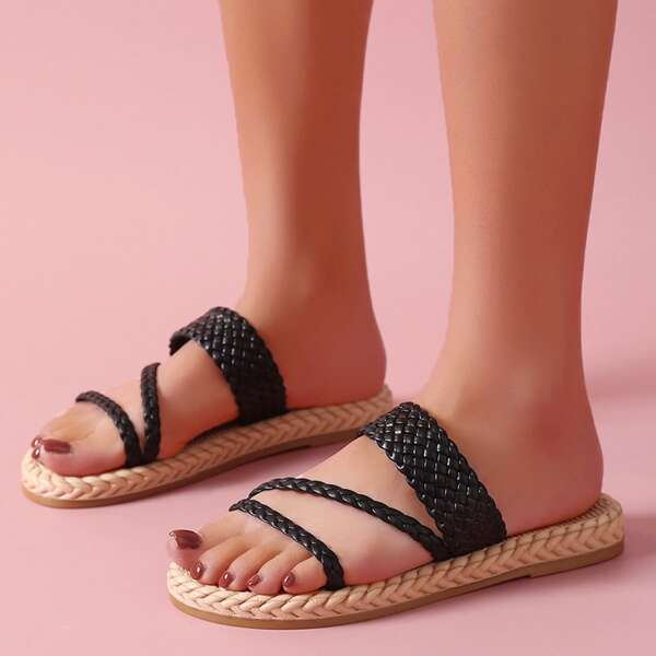 

Braided Design Slide Sandals, Black