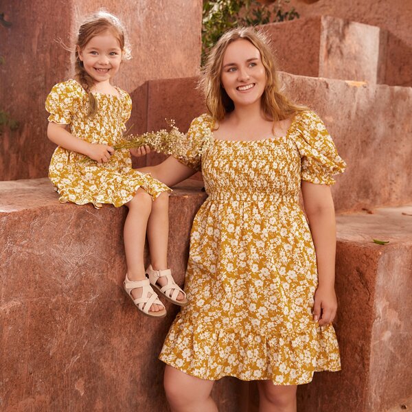 

100% COTTON Plus 1 Pack Puff Sleeve Shirred Bodice Allover Floral Dress, Mustard yellow