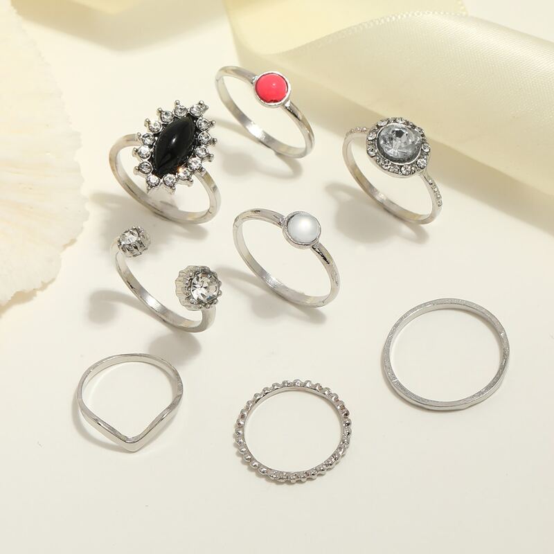

8pcs Rhinestone Decor Ring, Silver