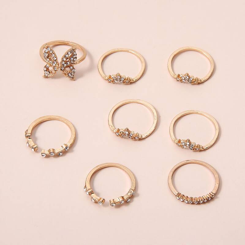 

8pcs Butterfly & Flower Decor Ring, Gold