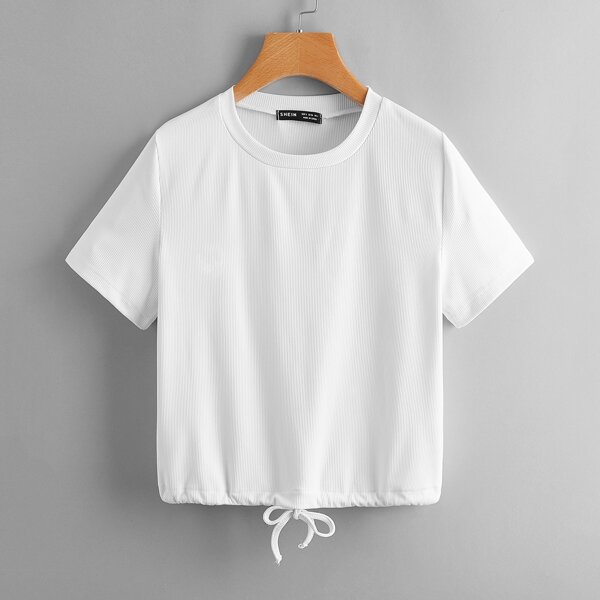 

Solid Drawstring Hem Tee, White