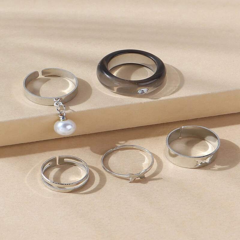 

5pcs Faux Pearl & Butterfly Decor Ring, Grey