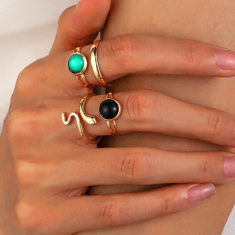 

4pcs Gemstone Decor Snake Design Ring, Multicolor