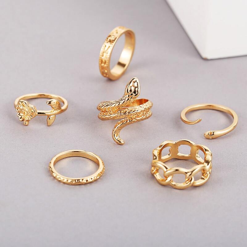 

6pcs Chain & Snake Design Ring, Gold