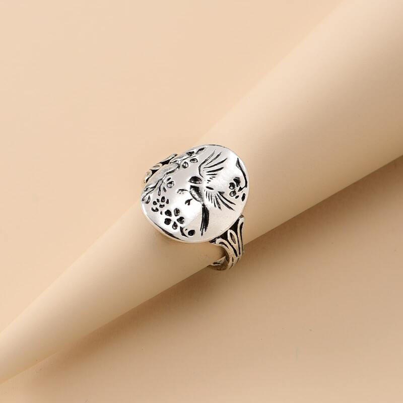 

Bird & Flower Decor Ring, Antique silver