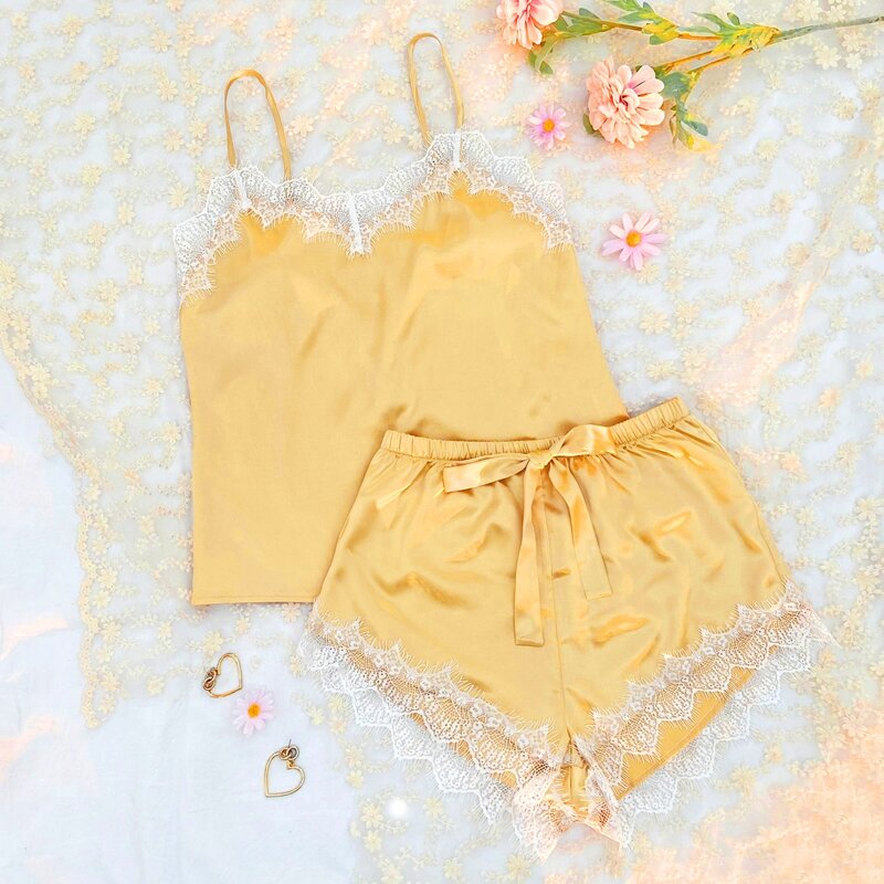 

Lace Trim Tie Waist Satin Night Set, Yellow