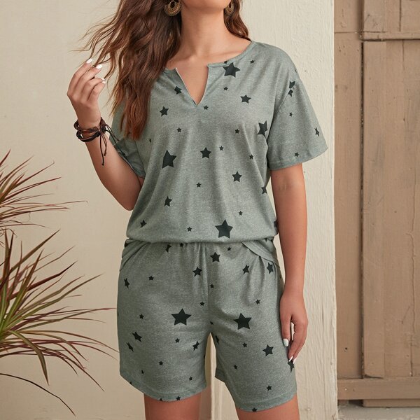 

Star Print Notch Neck Tee & Track Shorts, Green