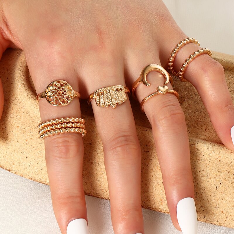 

9pcs Moon & Heart Decor Ring, Gold
