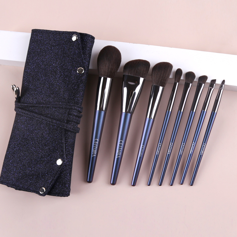 

8pcs Makeup Brush Set & 1pc Storage Bag, Navy blue