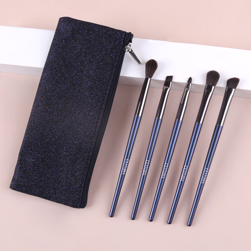 

5pcs Makeup Brush Set & 1pc Storage Bag, Navy blue