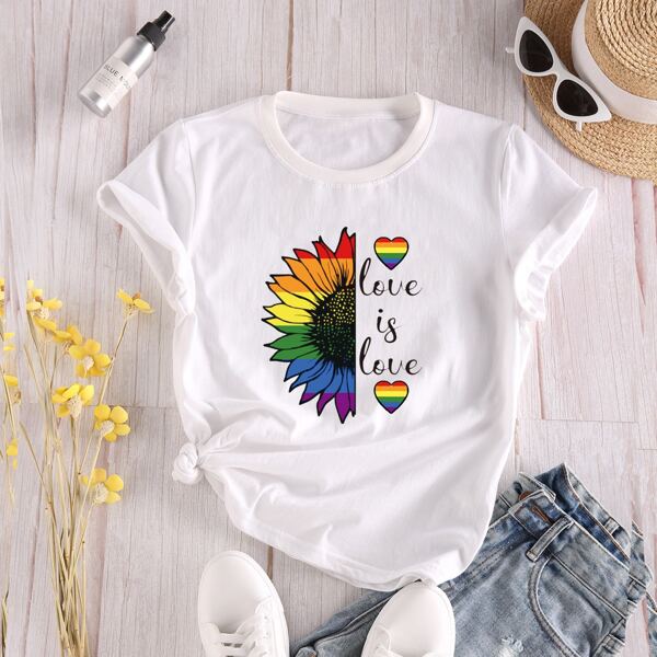 

LGBTQIA Футболка с принтом подсолнуха и текстовым узором, Белый