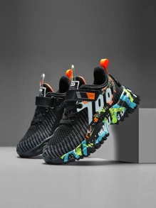 1 Pair Boys' Letter Pattern Hook And Loop Knit Sneakers, Children's Casual Lace-Up Shoes With Contrast Color, Easy On/Off, Anti-Collision Toe Design, Non-Slip Sole, Fashion Sporty Suitable For Daily Wear, Running, Travel - Black - View 1