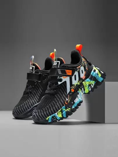 1双男童字母图案魔术贴针织运动鞋，儿童休闲系带鞋，撞色设计，方便穿脱，防撞鞋头设计，防滑鞋底，时尚运动鞋款，适合日常穿着、跑步、旅行