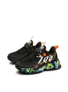 1 Pair Boys' Letter Pattern Hook And Loop Knit Sneakers, Children's Casual Lace-Up Shoes With Contrast Color, Easy On/Off, Anti-Collision Toe Design, Non-Slip Sole, Fashion Sporty Suitable For Daily Wear, Running, Travel - Black - View 2