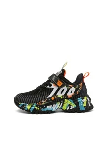 1 Pair Boys' Letter Pattern Hook And Loop Knit Sneakers, Children's Casual Lace-Up Shoes With Contrast Color, Easy On/Off, Anti-Collision Toe Design, Non-Slip Sole, Fashion Sporty Suitable For Daily Wear, Running, Travel - Black - View 3