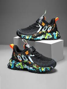 1 Pair Boys' Letter Pattern Hook And Loop Knit Sneakers, Children's Casual Lace-Up Shoes With Contrast Color, Easy On/Off, Anti-Collision Toe Design, Non-Slip Sole, Fashion Sporty Suitable For Daily Wear, Running, Travel - Black - View 4