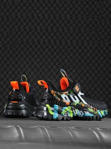 1 Pair Boys' Letter Pattern Hook And Loop Knit Sneakers, Children's Casual Lace-Up Shoes With Contrast Color, Easy On/Off, Anti-Collision Toe Design, Non-Slip Sole, Fashion Sporty Suitable For Daily Wear, Running, Travel - Black - View 5