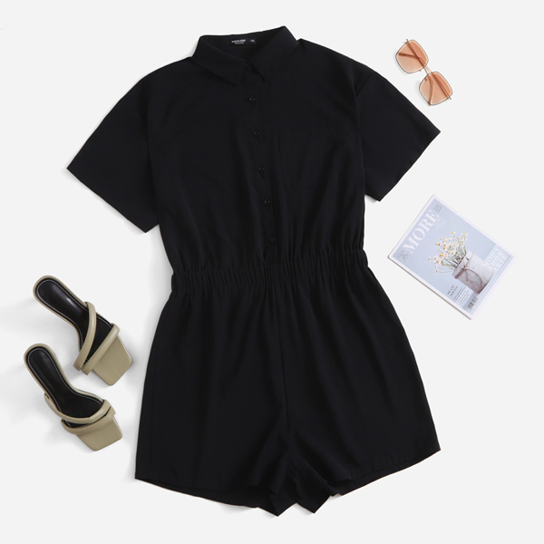 

Plus Solid Half Button Shirt Romper, Black
