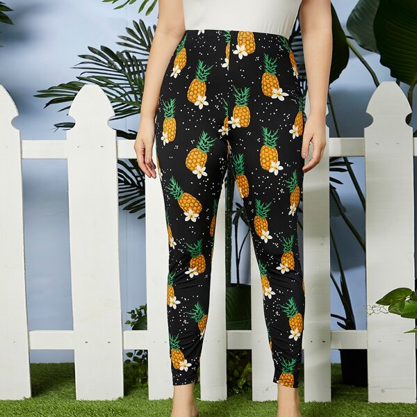 

Plus Allover Pineapple Print Leggings, Multicolor