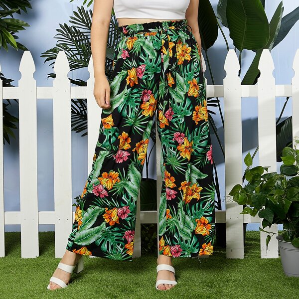 

Plus Paperbag Waist Belted Tropical Pants, Multicolor