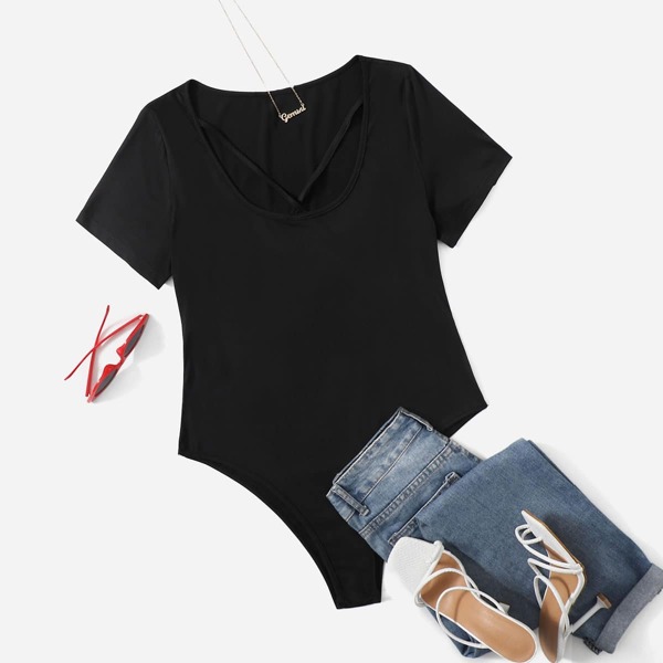 

Plus Solid Criss Cross Tee Bodysuit, Black