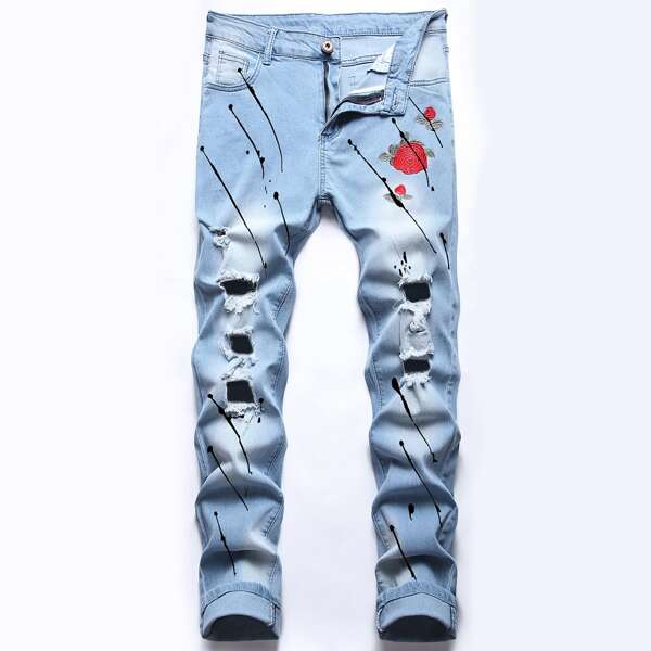 

Guys Floral Embroidery Ripped Jeans, Light wash